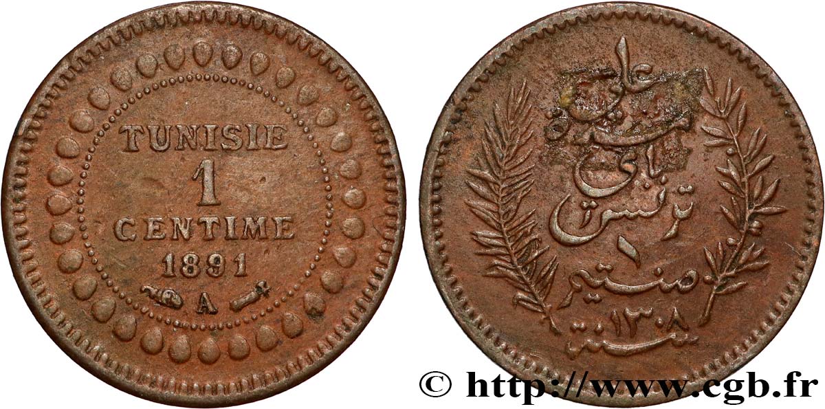 TUNISIA - FRENCH PROTECTORATE 1 Centime AH1308 1891 Paris XF 