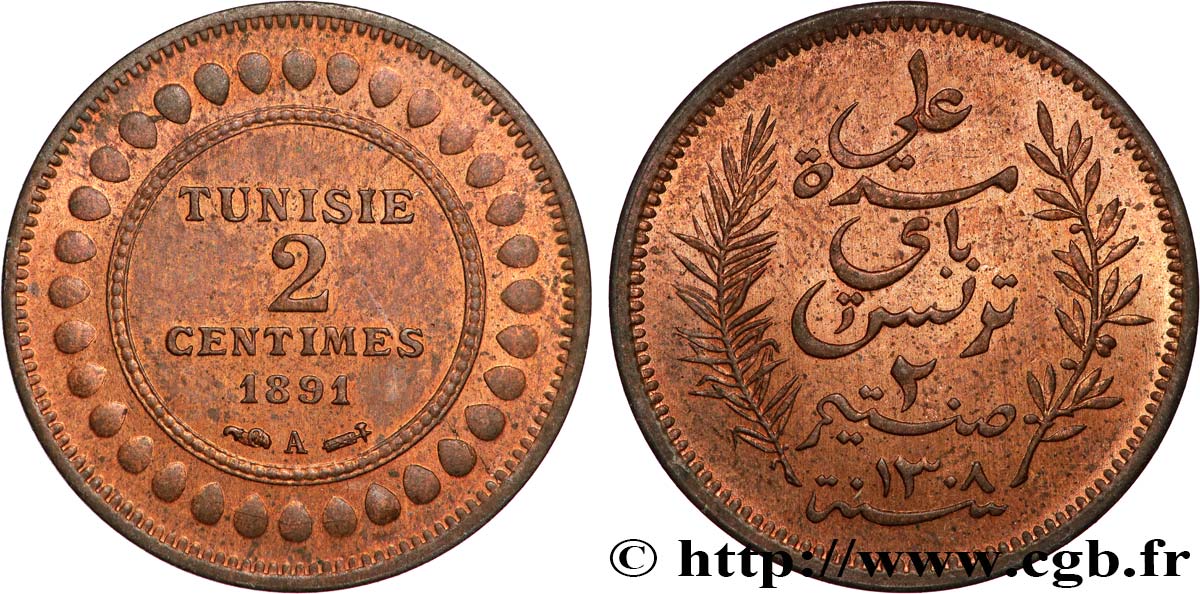 TUNEZ - Protectorado Frances 2 Centimes AH1308 1891  EBC 