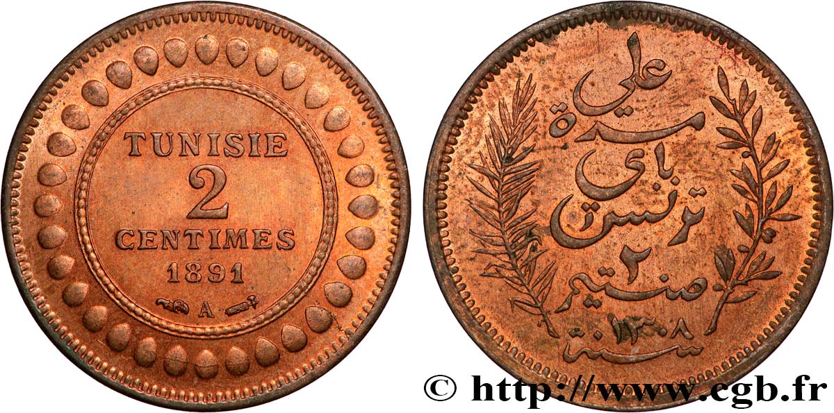 TUNISIA - Protettorato Francese 2 Centimes AH1308 1891  SPL+ 