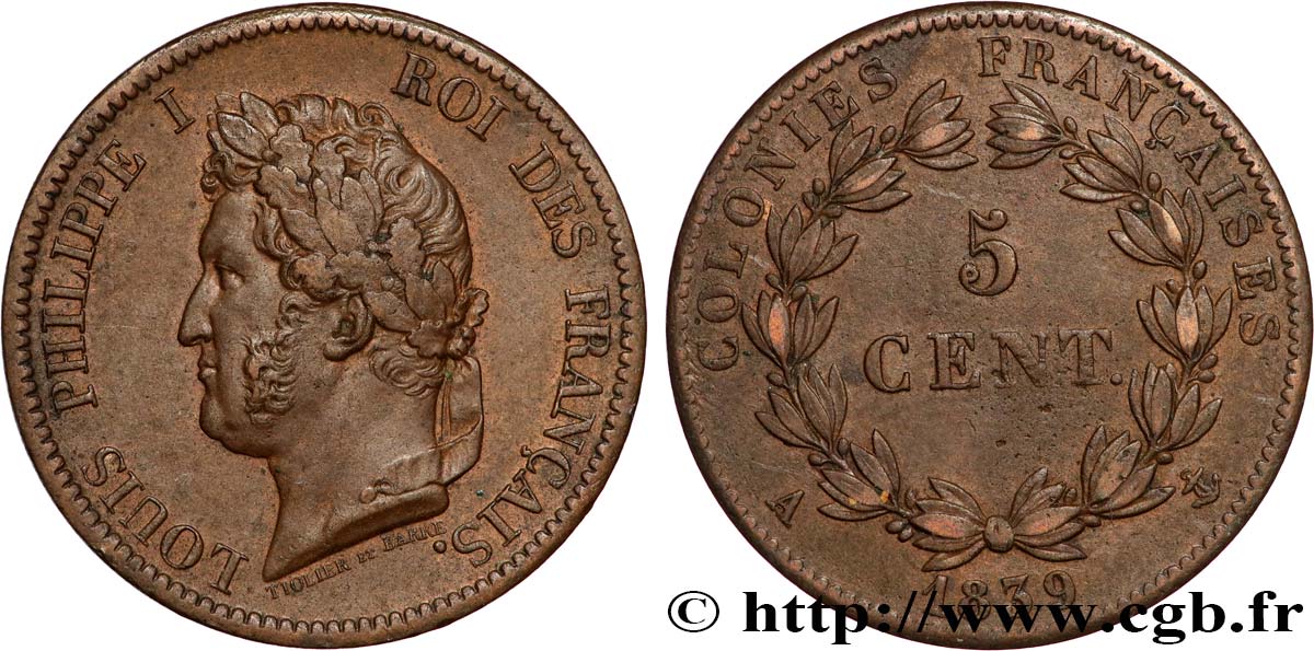 COLONIE FRANCESI - Luigi Filippo, per Guadalupa 5 Centimes Louis Philippe Ier 1839 Paris - A q.SPL 