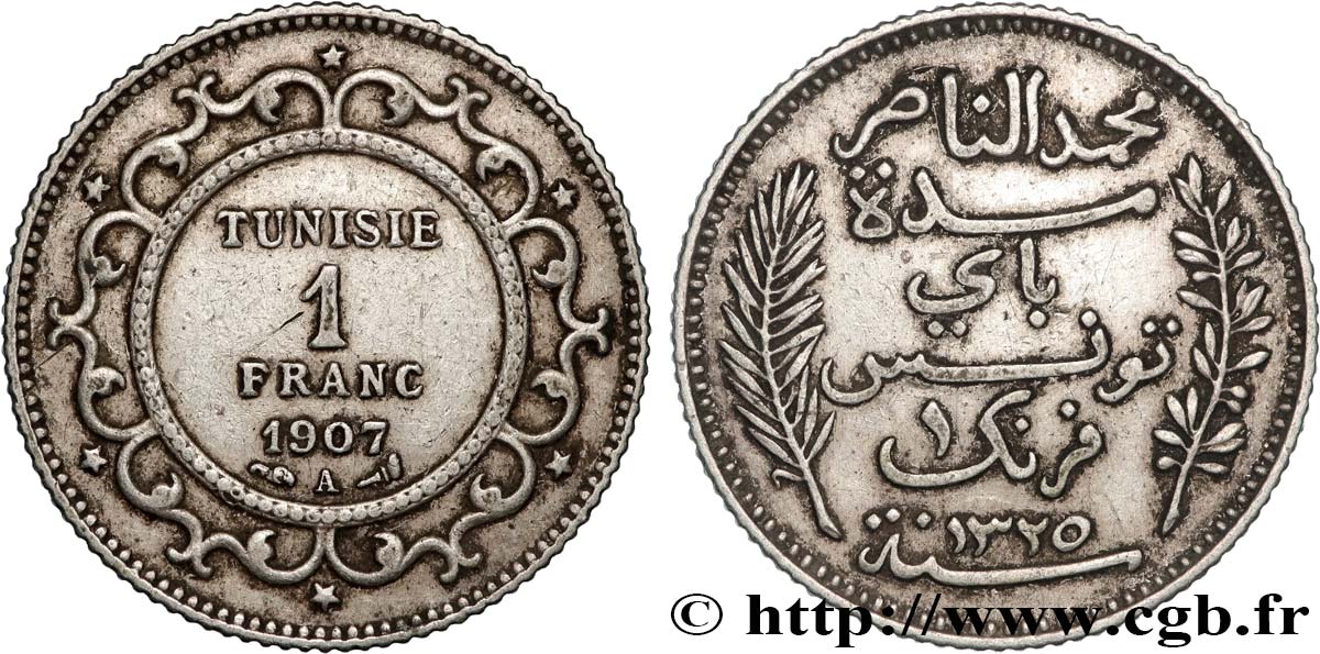 TUNISIA - French protectorate 1 Franc AH 1325 1907 Paris XF 