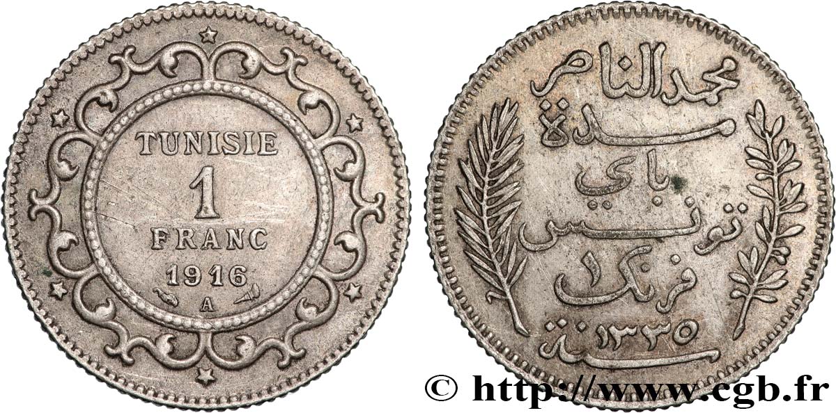 TUNISIA - FRENCH PROTECTORATE 1 Franc au nom du Bey Mohamed En-Naceur an 1335 1916 Paris - A AU 