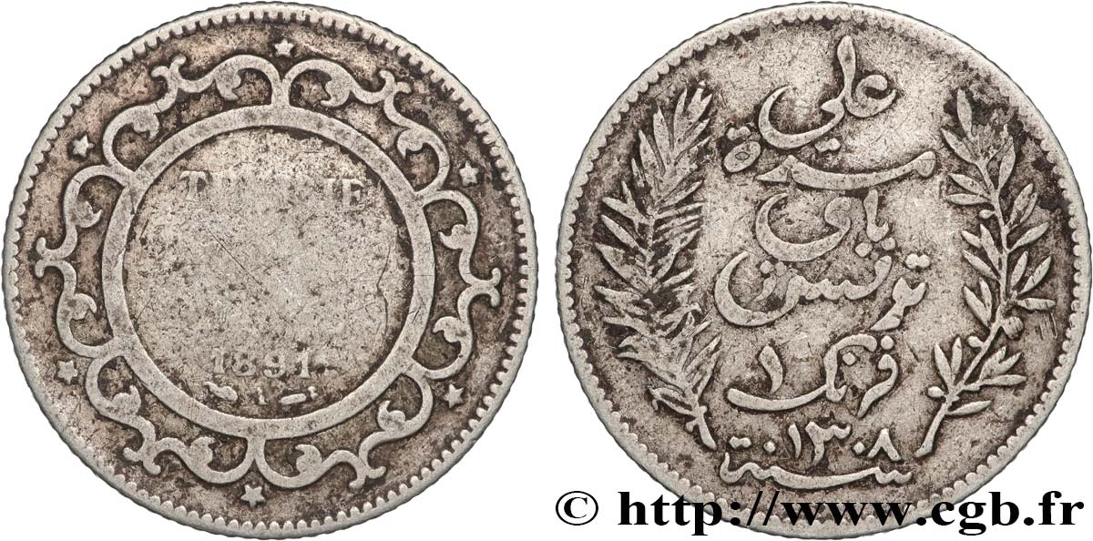 TUNISIE - PROTECTORAT FRANÇAIS 1 Franc AH1308 1891 Paris B 