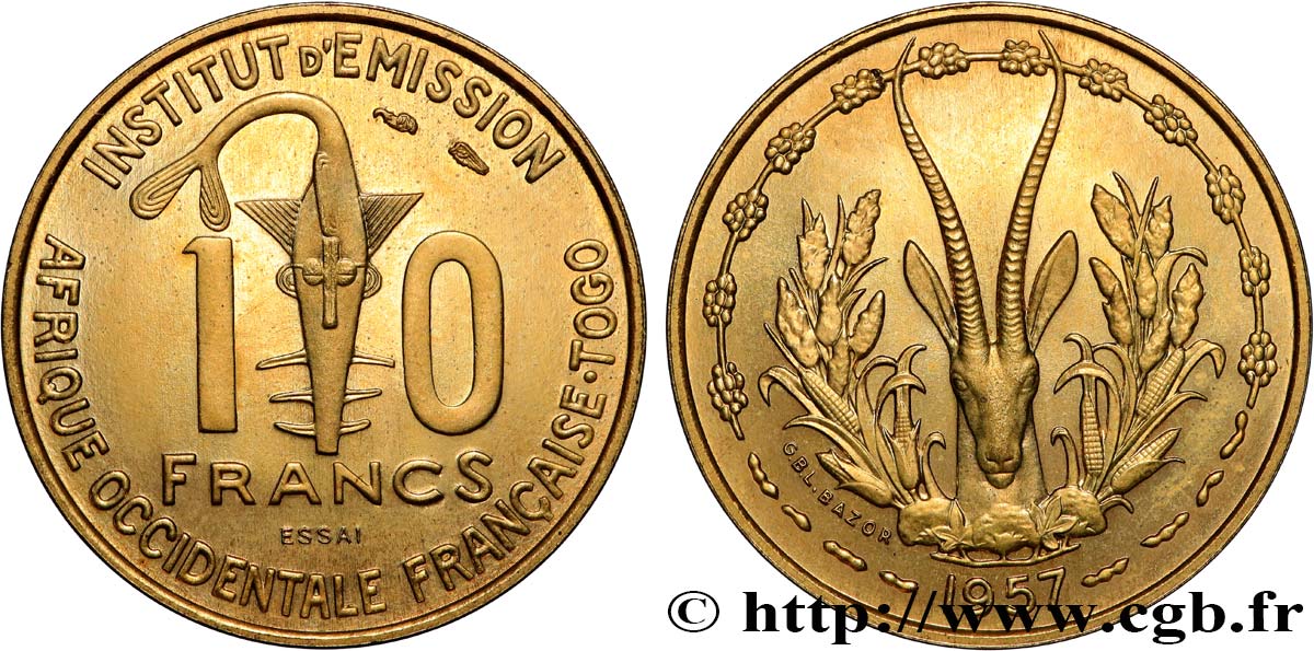 FRENCH WEST AFRICA - TOGO 10 Francs Essai 1957 Paris MS 