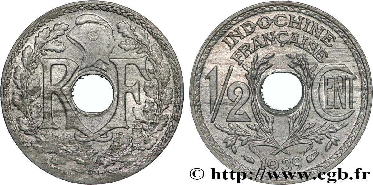 INDOCHINE FRANÇAISE 1/2 Centième en Zinc 1939 Paris SPL