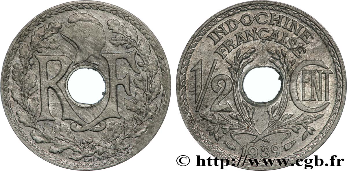 FRANZÖSISCHE-INDOCHINA 1/2 Centième en Zinc 1939 Paris fST