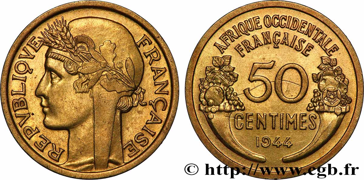 AFRICA OCCIDENTALE FRANCESA 50 Centimes Morlon 1944 Londres SPL