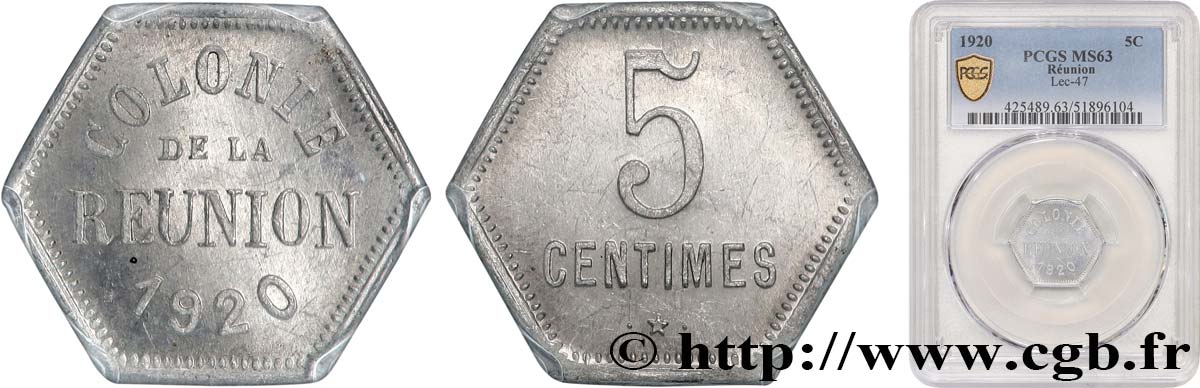 ÎLE DE LA RÉUNION - Troisième République 5 Centimes  1920  SPL63 PCGS