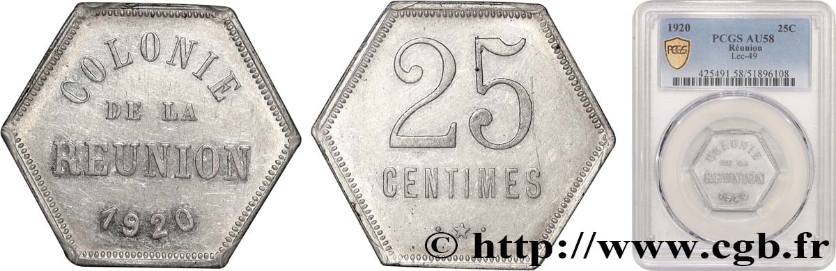 ÎLE DE LA RÉUNION - Troisième République 25 Centimes  1920  SUP58 PCGS