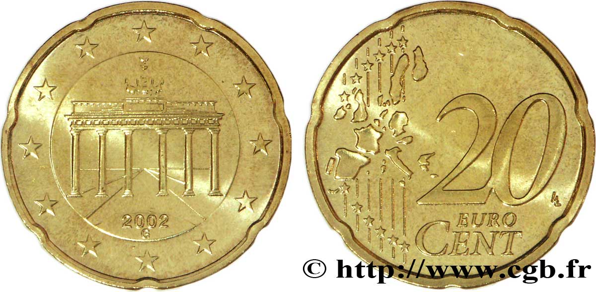 GERMANY 20 Cent PORTE DE BRANDEBOURG - Karlsruhe G 2002 MS63