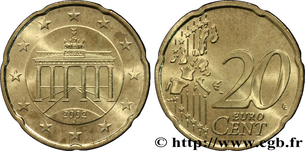 GERMANY 20 Cent PORTE DE BRANDEBOURG - Hambourg J 2002 MS63