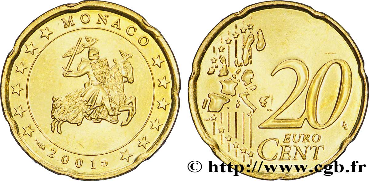 MONACO 20 Cent CHEVALIER GRIMALDI 2001 MS63