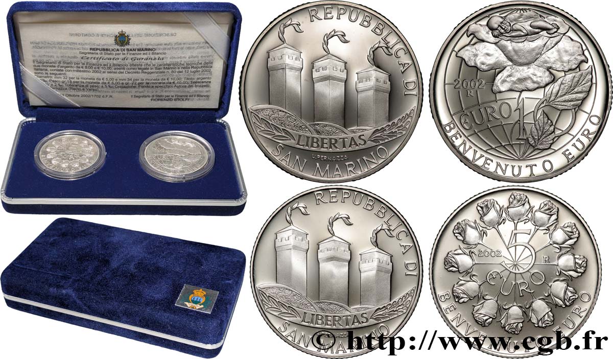 RÉPUBLIQUE DE SAINT- MARIN Coffret DIPTYQUE 5 Euro ET 10 Euro BIENVENUE À L’EURO 2002 BE