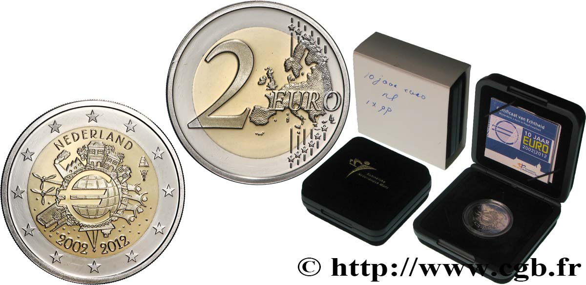 PAYS-BAS BELLE EPREUVE 2 Euro 10 ANS DES PIÈCES ET BILLETS EN EUROS 2012 BE
