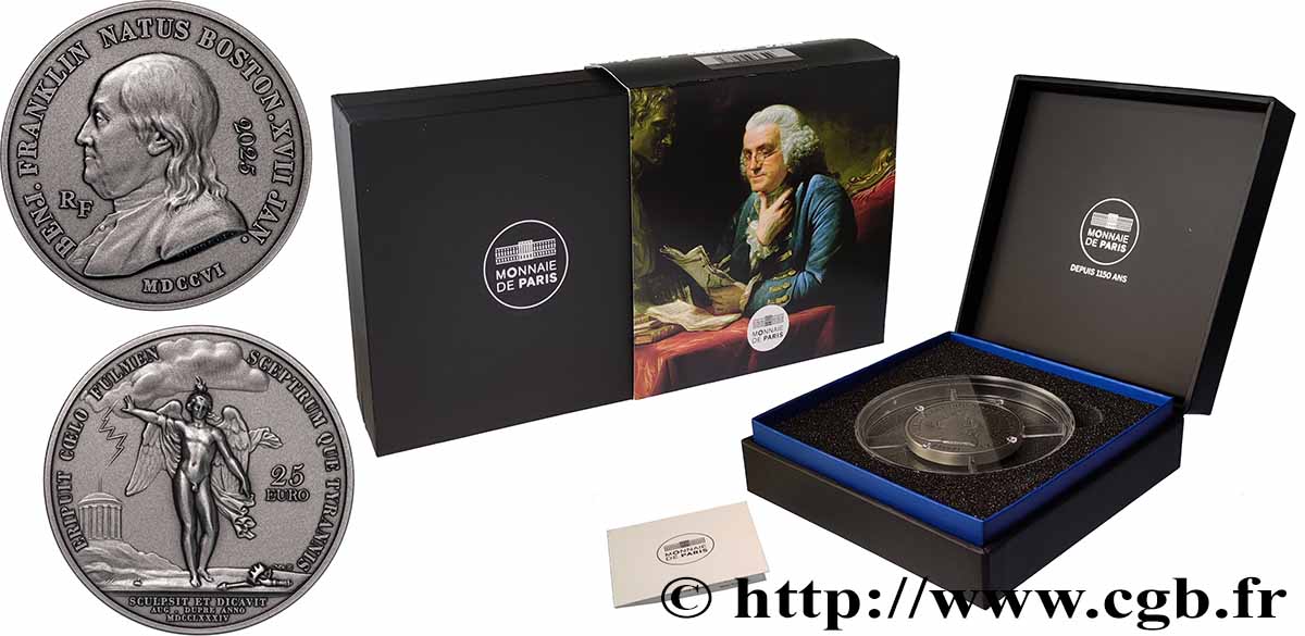 FRANCE 25 Euro HISTOIRE DE L’INDÉPENDANCE DES USA - BENJAMIN FRANKLIN ET LE GÉNIE AILÉ 2025 MS