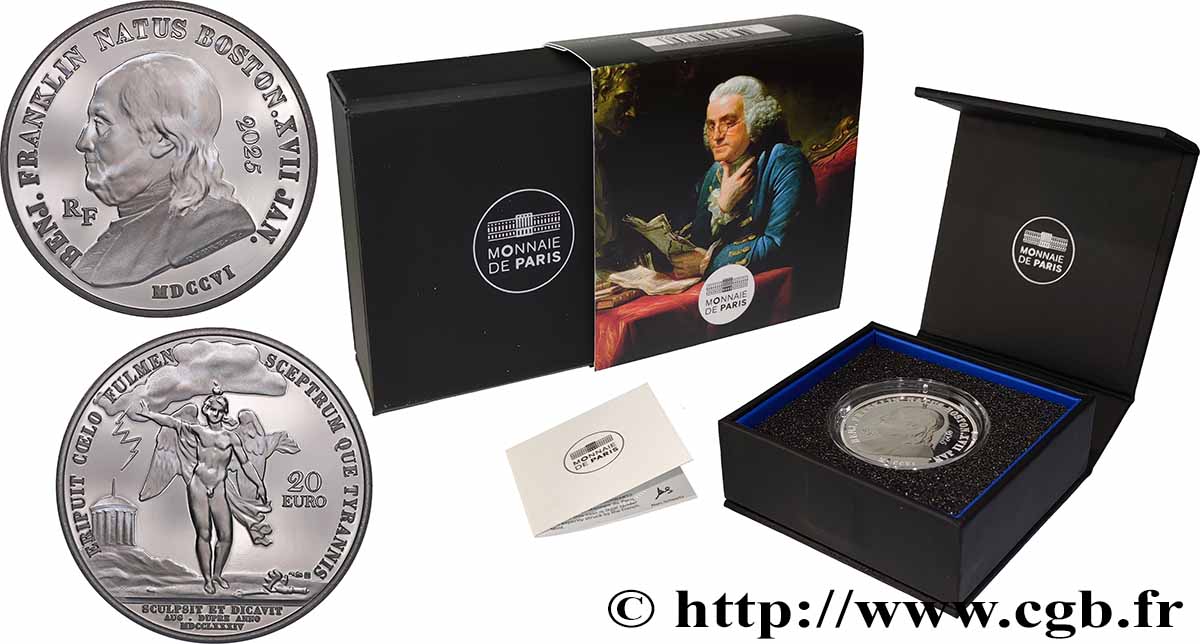 FRANCE BELLE EPREUVE 20 Euro HISTOIRE DE L’INDÉPENDANCE DES USA - BENJAMIN FRANKLIN ET LE GÉNIE AILÉ 2025 Proof set