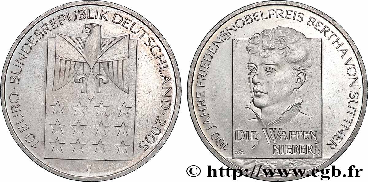 GERMANY 10 Euro CENTENAIRE DU PRIX NOBEL DE LA PAIX - BERTHA VON SUTTNER 2005 MS