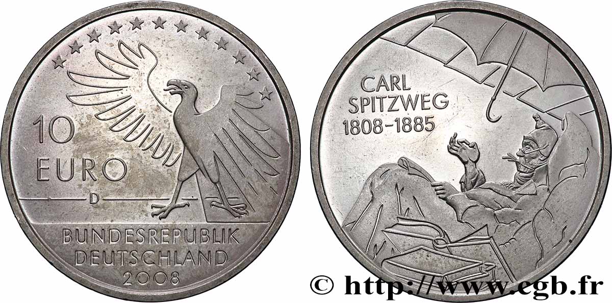 ALLEMAGNE Belle épreuve 10 Euro BICENTENAIRE DE LA NAISSANCE DE CARL SPITZWEG 2008 SUP