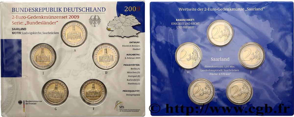ALLEMAGNE Blister Brillant Universel 5 ateliers 2 Euro SARRE - LUDWIGSKIRCHE DE SARREBRUCK 2009 BU