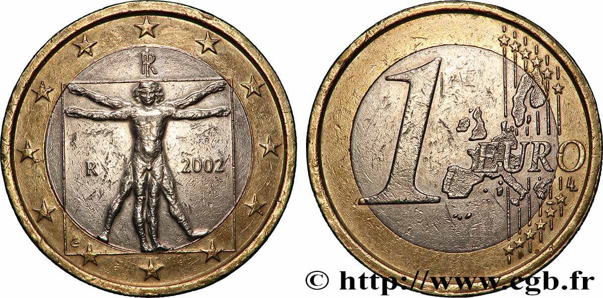 ITALIE 1 Euro LÉONARD DE VINCI, frappe monnaie 2002 TTB+