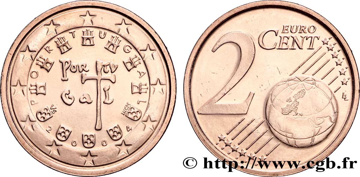 PORTUGAL 2 Cent SCEAU A LA CROIX(1134) 2004 MS63