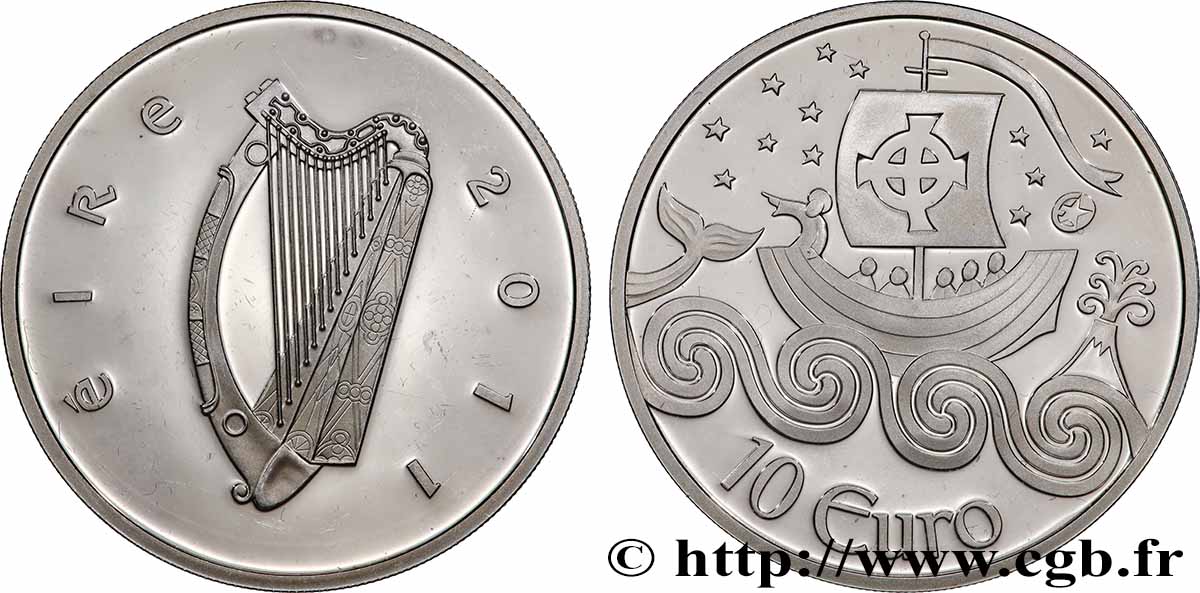 IRLANDA Belle Épreuve 10 Euro SAINT BRENDAN, LE NAVIGATEUR 2011 q.SPL