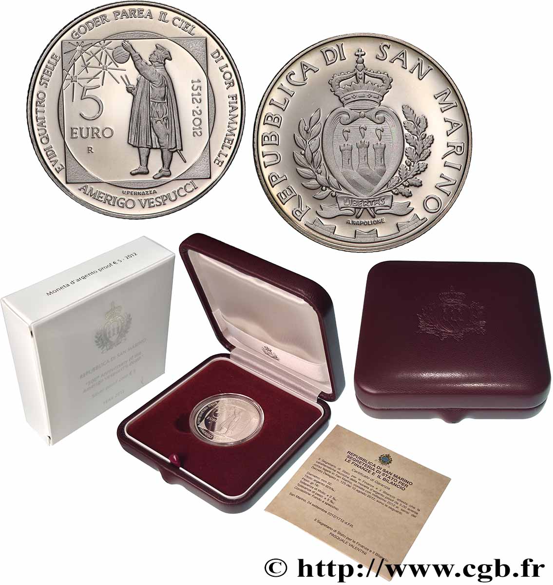 SAN MARINO Belle Épreuve 5 Euro AMERIGO VESPUCCI 2012