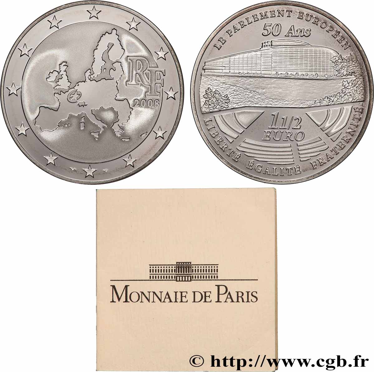 FRANCE Belle Épreuve 1 Euro 1/2 EUROPEAN MINTMARK - 50 ANS DU PARLEMENT EUROPÉEN 2008 BE