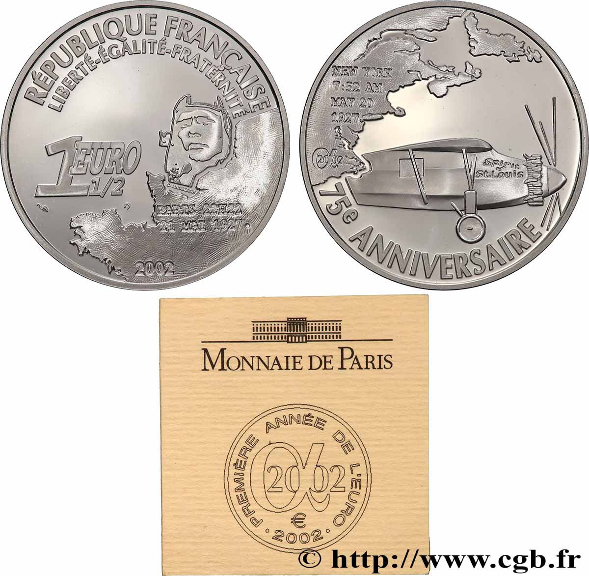 FRANCE Belle Épreuve 1 Euro 1/2 75e ANNIVERSAIRE DU 1er VOL AU DESSUS DE L’ATLANTIQUE EN SOLITAIRE 2002 BE