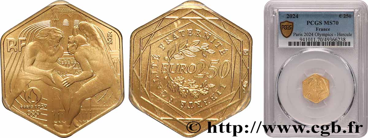 GOLD, PALLADIUM & PLATINUM INVESTMENT 250 Euro JO 2024 Hercule 2024 MS70