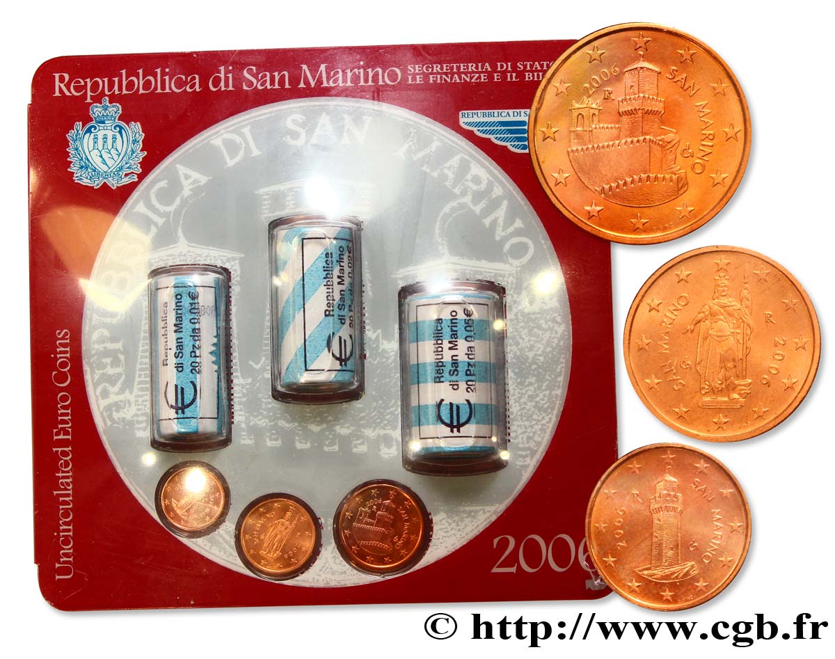 SAN MARINO MINI-SÉRIE Euro BRILLANT UNIVERSEL 1 Cent, 2 Cent et 5 Cent en mini-rouleaux 2006 BU