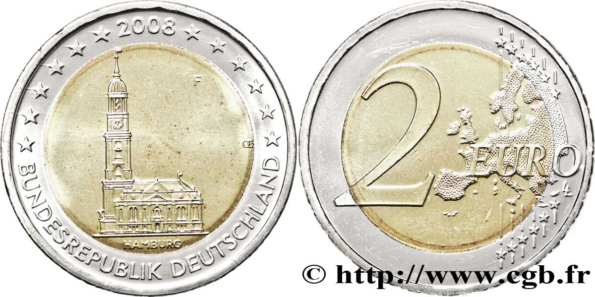 GERMANIA 2 Euro HAMBOURG - ÉGLISE SAINT-MICHEL tranche B - Stuttgart F 2008 MS63