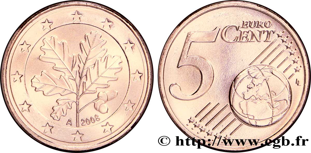 GERMANY 5 Cent RAMEAU DE CHÊNE - Berlin A 2008 MS63