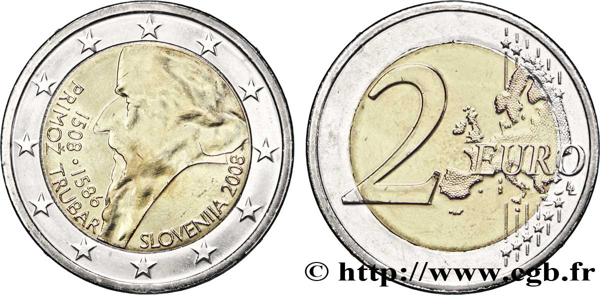 SLOVENIA 2 Euro 500ème ANNIVERSAIRE DE LA NAISSANCE DE PRIMOŽ TRUBAR  2008 MS