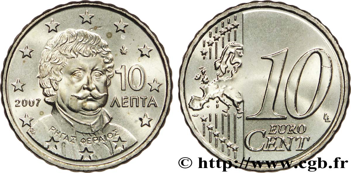 GRÈCE 10 Cent RIGAS VELESTINLIS-FERREOS 2007 SPL63