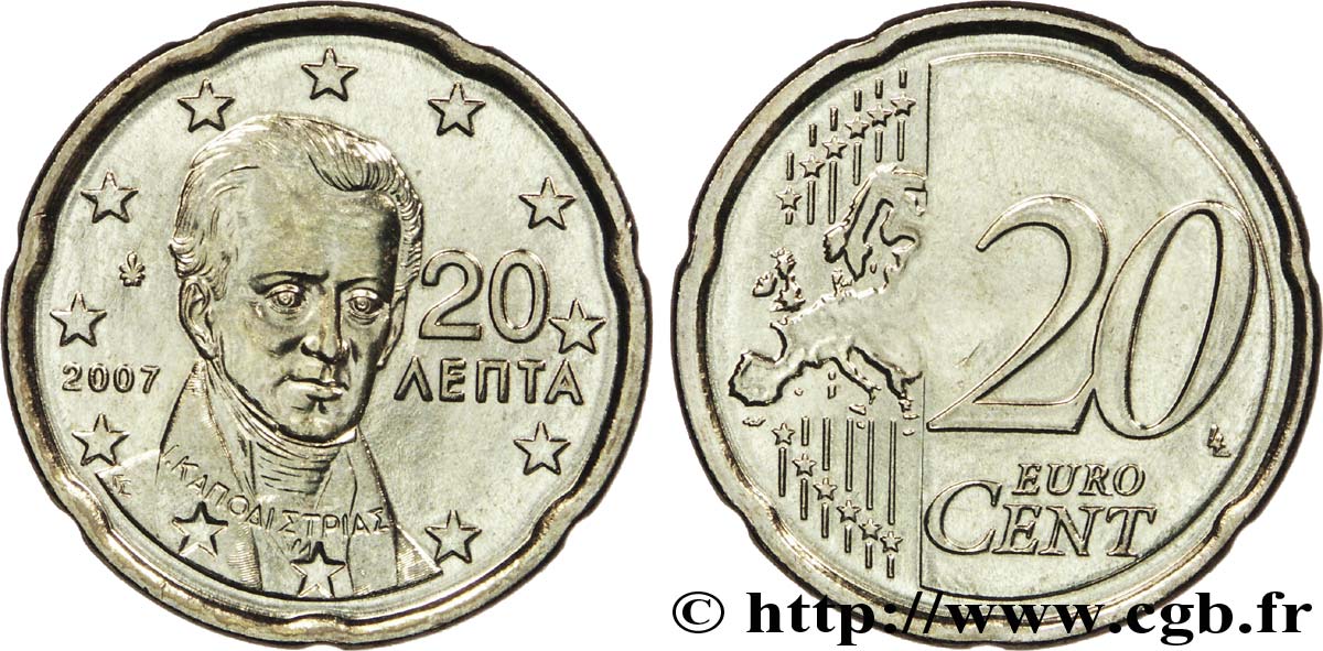 GREECE 20 Cent CAPODISTRIAS 2007 MS63