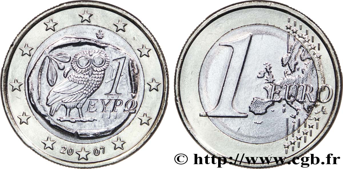 GREECE 1 Euro À LA CHOUETTE 2007 MS63
