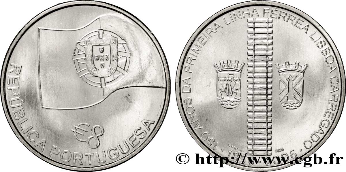 PORTUGAL 8 Euro 150ème ANNIVERSAIRE DES CHEMINS DE FER À LISBONNE 2006 MS63