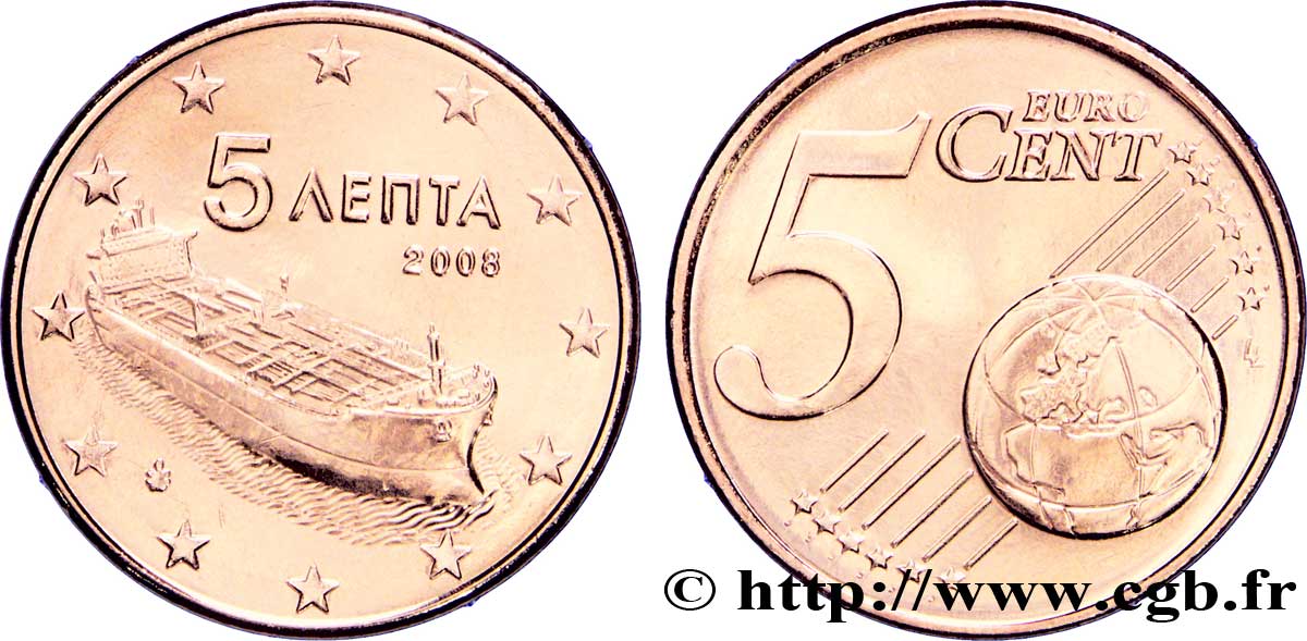 GREECE 5 Cent PÉTROLIER 2008 MS63