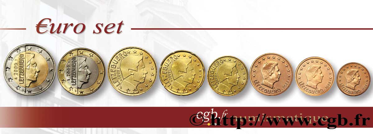 LUSSEMBURGO LOT DE 8 PIÈCES EURO (1 Cent - 2 Euro Grand-Duc Henri) 2009 MS63