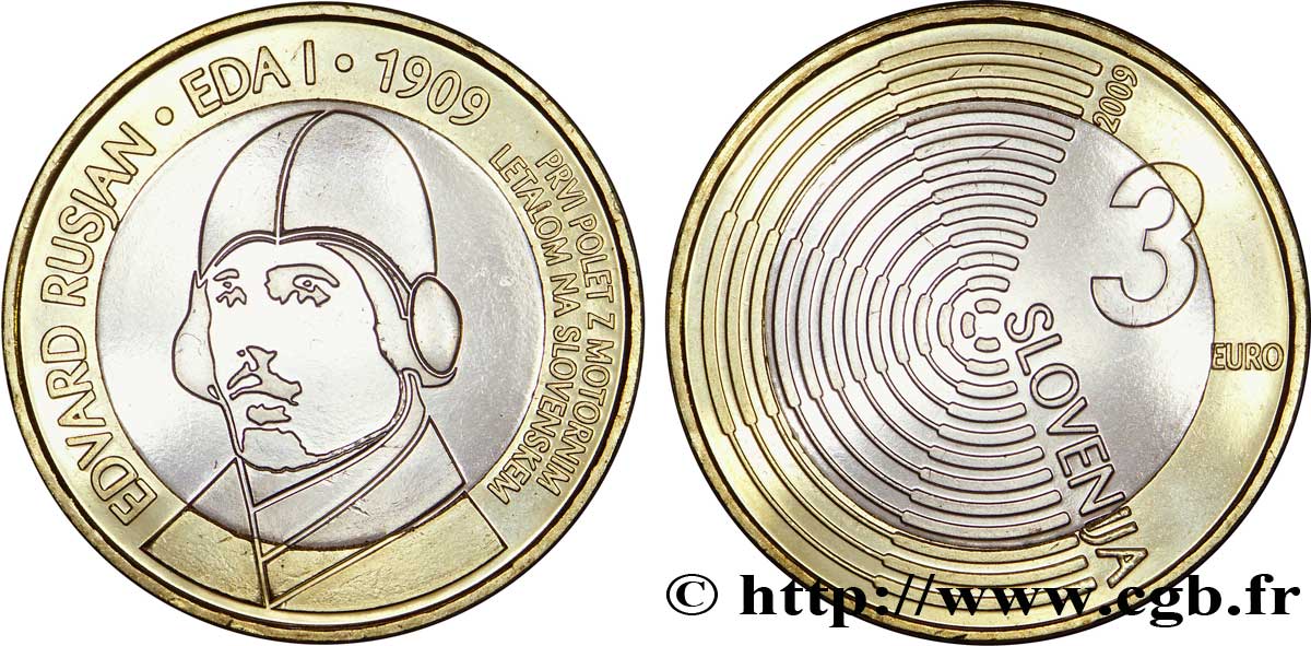 SLOVENIA 3 Euro CENTENAIRE DU PREMIER VOL AU-DESSUS DE LA SLOVENIE 2009 Brilliant Uncirculated