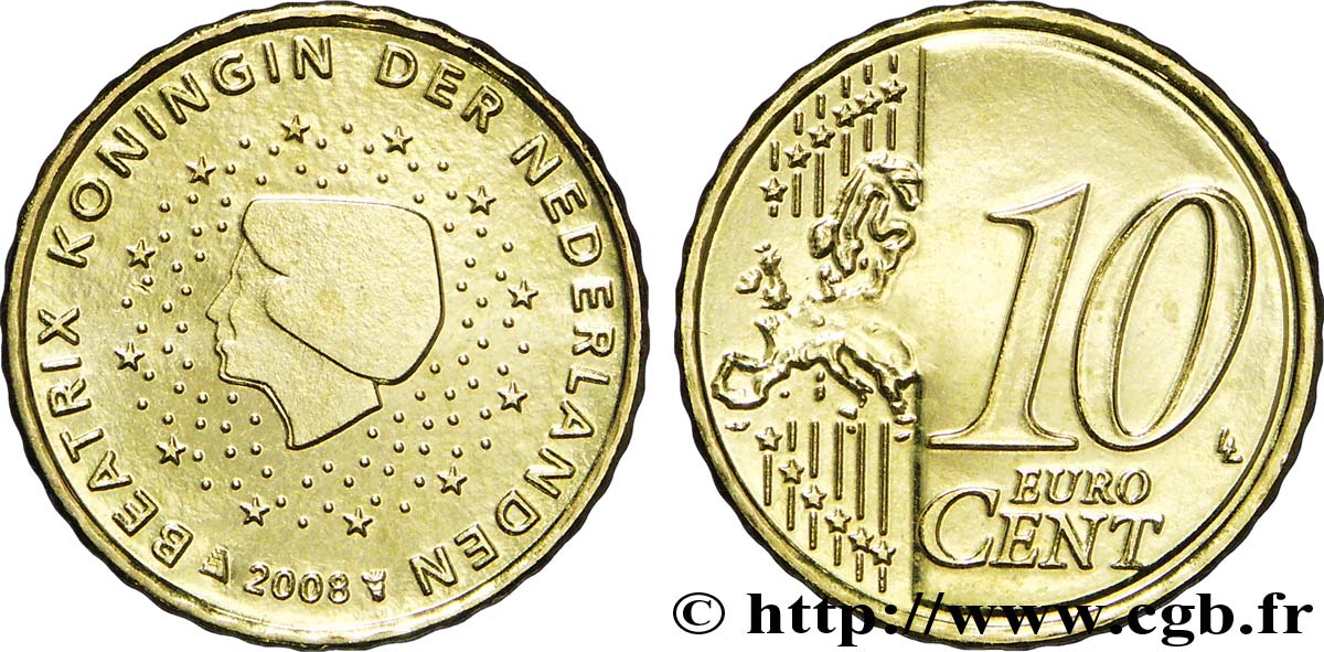 NETHERLANDS 10 Cent BEATRIX 2008 MS63