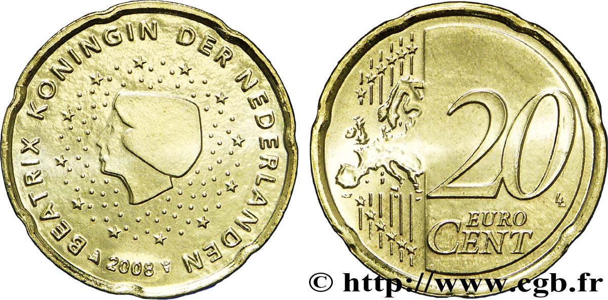NETHERLANDS 20 Cent BEATRIX 2008 MS63