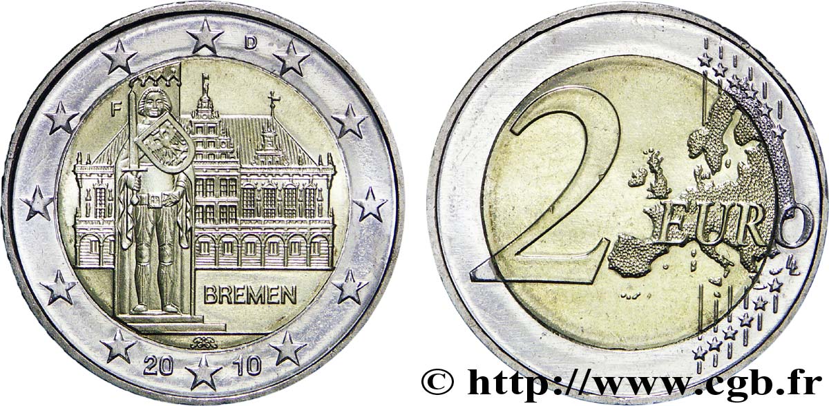 GERMANY 2 Euro BRÊME - HÔTEL DE VILLE ET STATUE DE ROLAND tranche A - Stuttgart F 2010 MS63