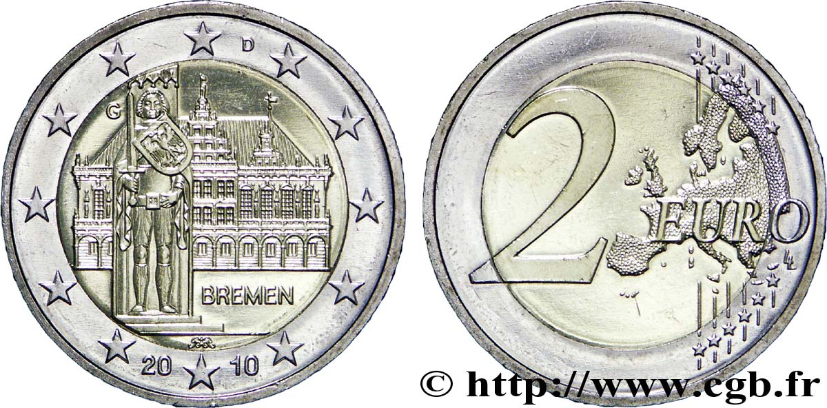 GERMANY 2 Euro BRÊME - HÔTEL DE VILLE ET STATUE DE ROLAND tranche A - Karlsruhe G 2010 MS63
