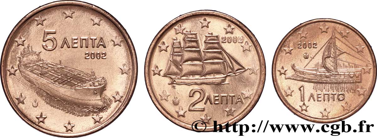 GRÈCE LOT 1 Cent, 2 Cent, 5 Cent TRIRÈME, CORVETTE, PÉTROLIER 2002 SPL63