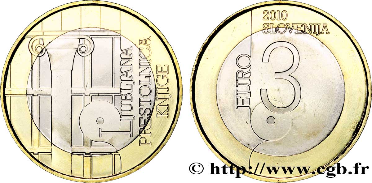 SLOVENIA 3 Euro LJUBLJANA, CAPITALE MONDIALE DU LIVRE 2010 MS63