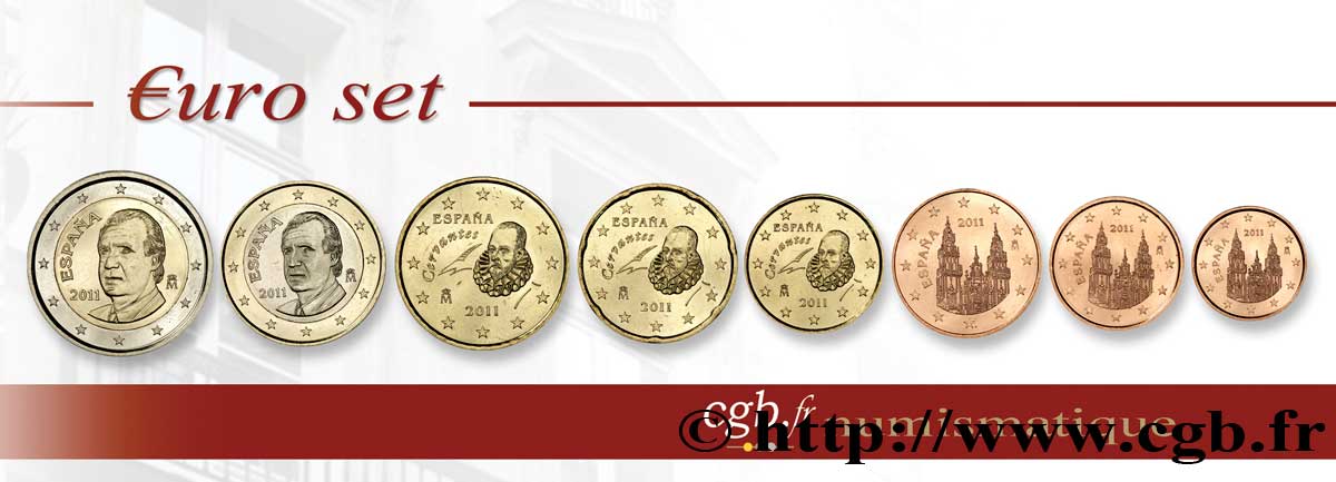 SPAIN LOT DE 8 PIÈCES EURO (1 Cent - 2 Euro Juan-Carlos I) 2011 MS63