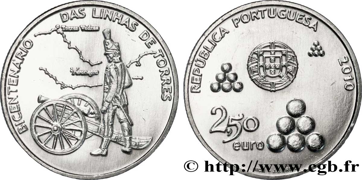 PORTUGAL 2 Euro 1/2 BICENTENAIRE DES LIGNES DE TORRES VEDRAS 2010 MS63