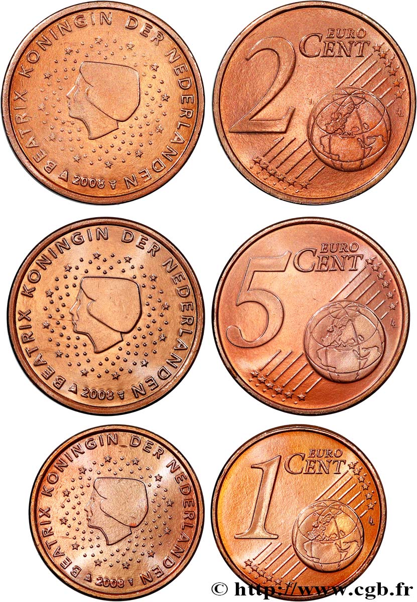 NETHERLANDS LOT 1 Cent, 2 Cent, 5 Cent BEATRIX 2008 MS